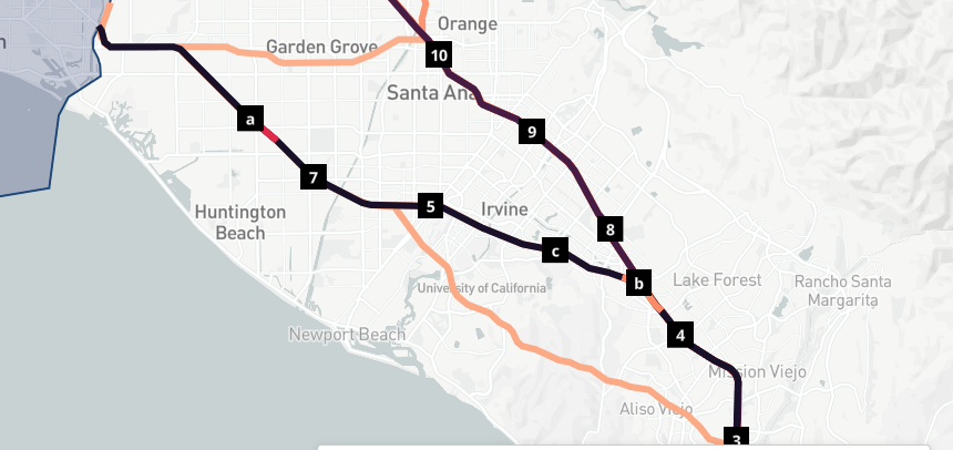 Route Analysis map view showing route variants labeled alphabetically with hover metrics panel